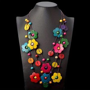 Boho Multilayer Wooden Multicolor Flower Retro Style Wooden Rice Bead Necklace